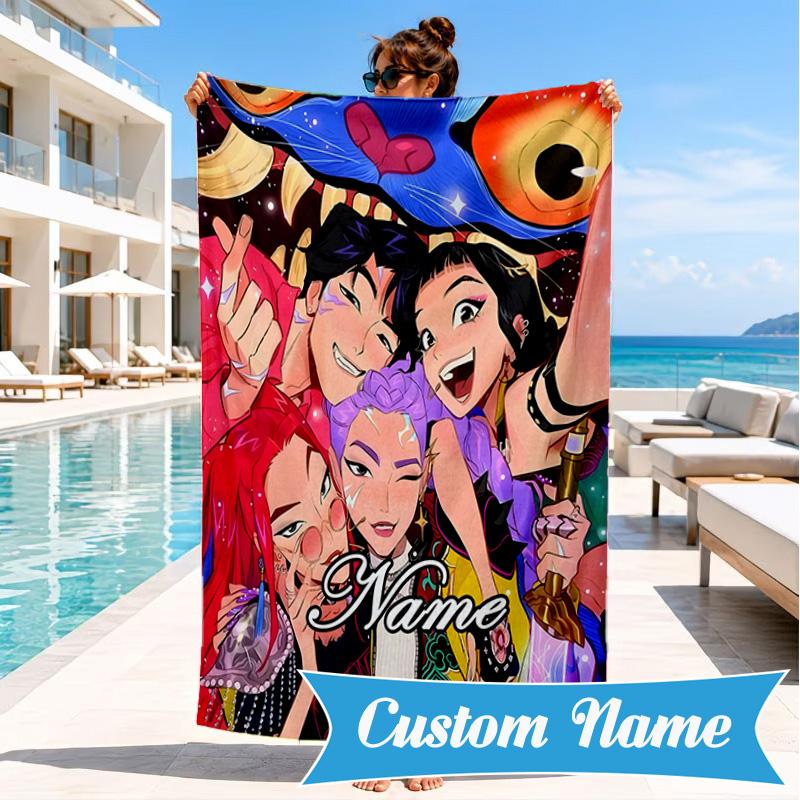 Custom Name KPop Demon Beach Towel Microfiber Beach Towel, Lightweight and Quick-Dry, for Summer Travel, Swimming Pool Gift