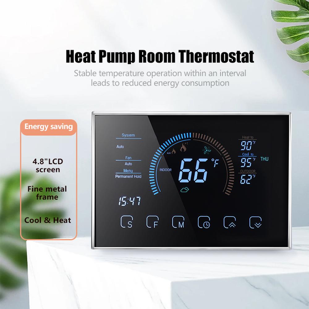 Smart Värmepump Rumstermostat Temperaturregulator 4,8 tum Färg-LCD-skärm Programmerbar Pekkontroll/ Mobilapp/ Röst