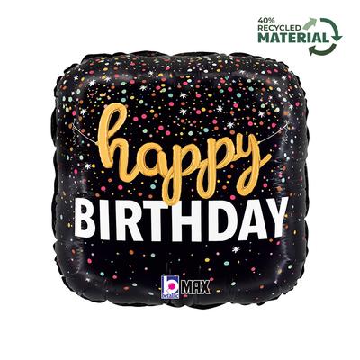 Balon Foliowy Urodzinowy, Czarny, Happy Birthday, 46 Cm