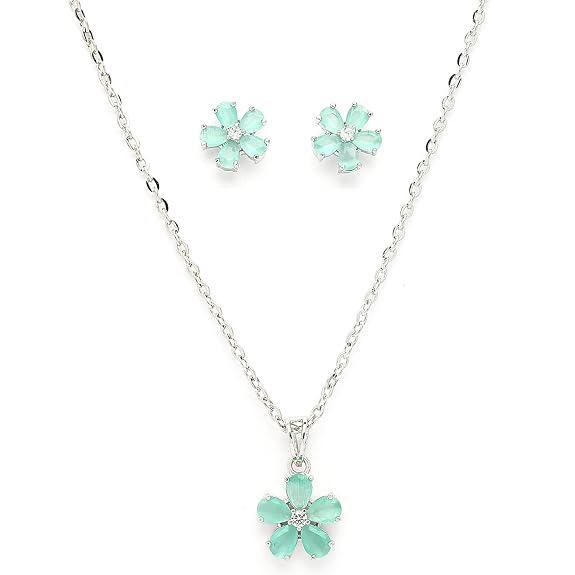 Rhodium Plated Silver Toned American Diamond Studded Floral Shaped Pendant Chain With Earrings Jewellery Set For Women And Girls
