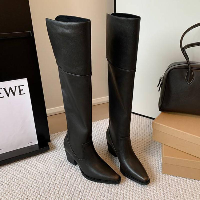 Autumn and winter high-heeled large-size women's boots, genuine leather women's leather boots, cowhide can be folded, wear more square and versati