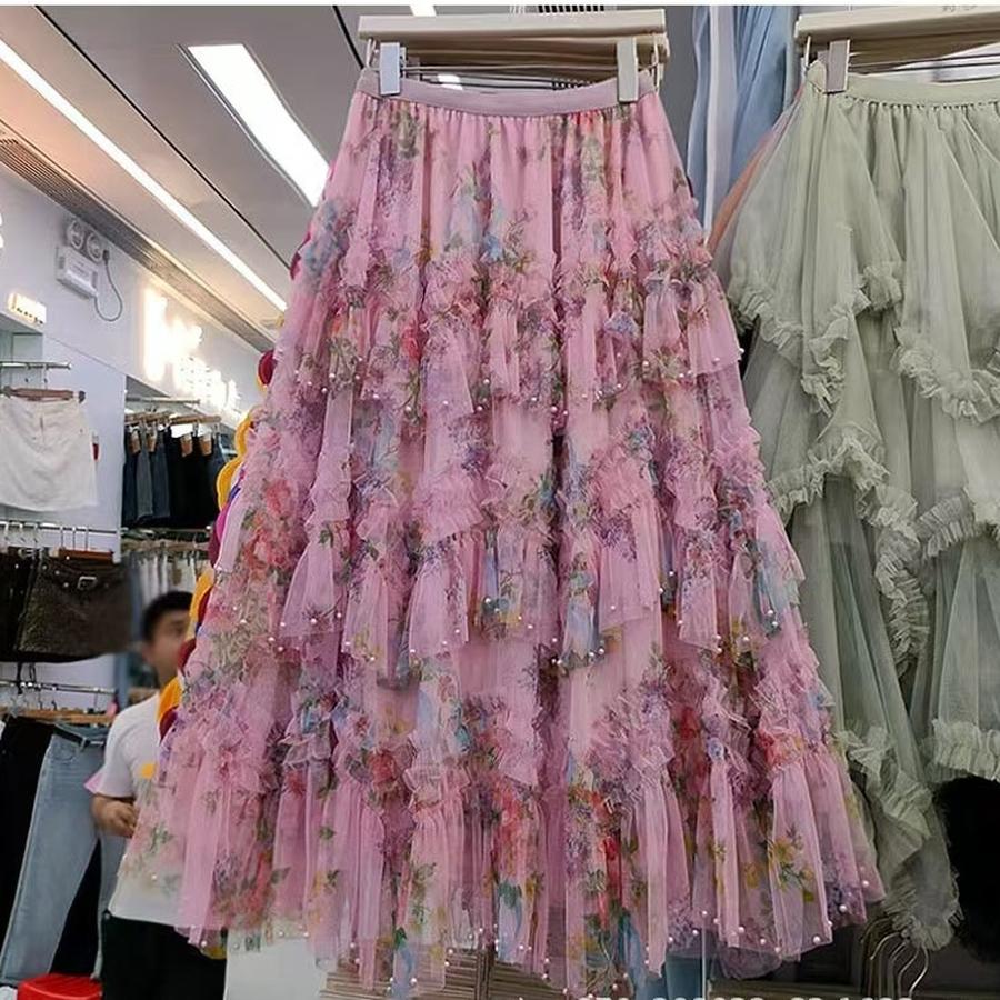 Reinforcement Nail Pearl Patchwork Printed Mesh Cake Dress Half Skirt for Girls New Hollow Out Long Dress