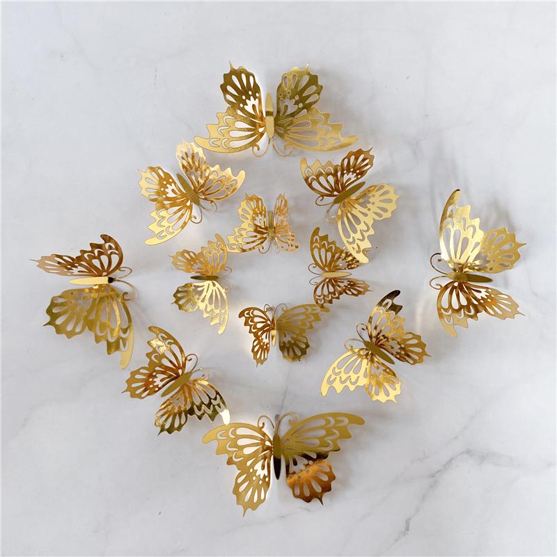 12Pcs/Set 3D Hollow Butterfly Wall Sticker Gold Silver Rose Wedding Decoration Living Room Home Decor Butterflies Decal Stickers KTY