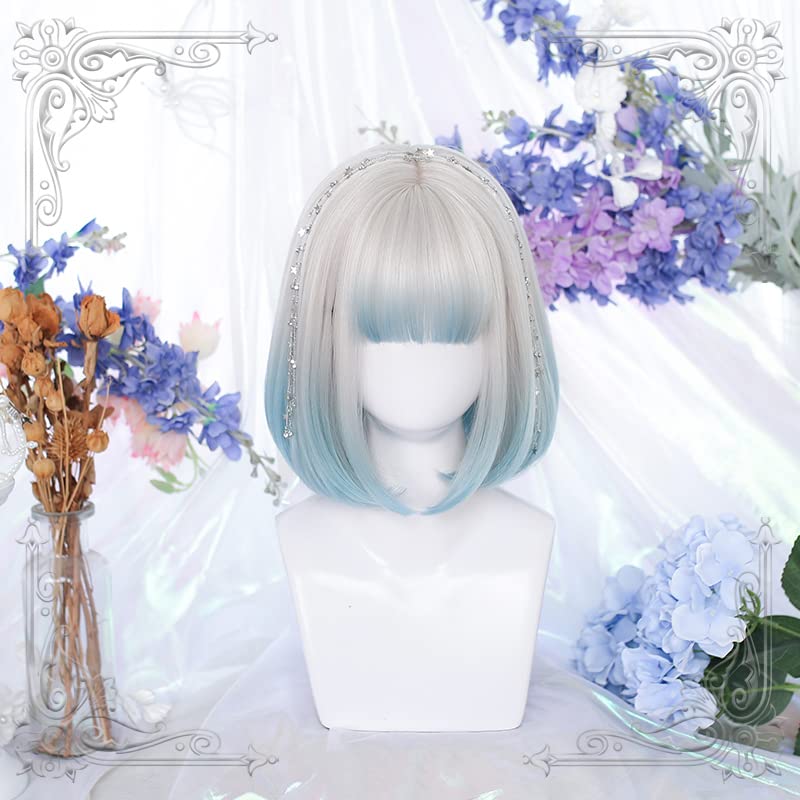 Harajuku and GAL Style Bob Lolita Wig One Gray and Blue Perfect for Mori and Yumekawaii Includes Hair Natural and Lightweight for a Slimmer Set, Curl,