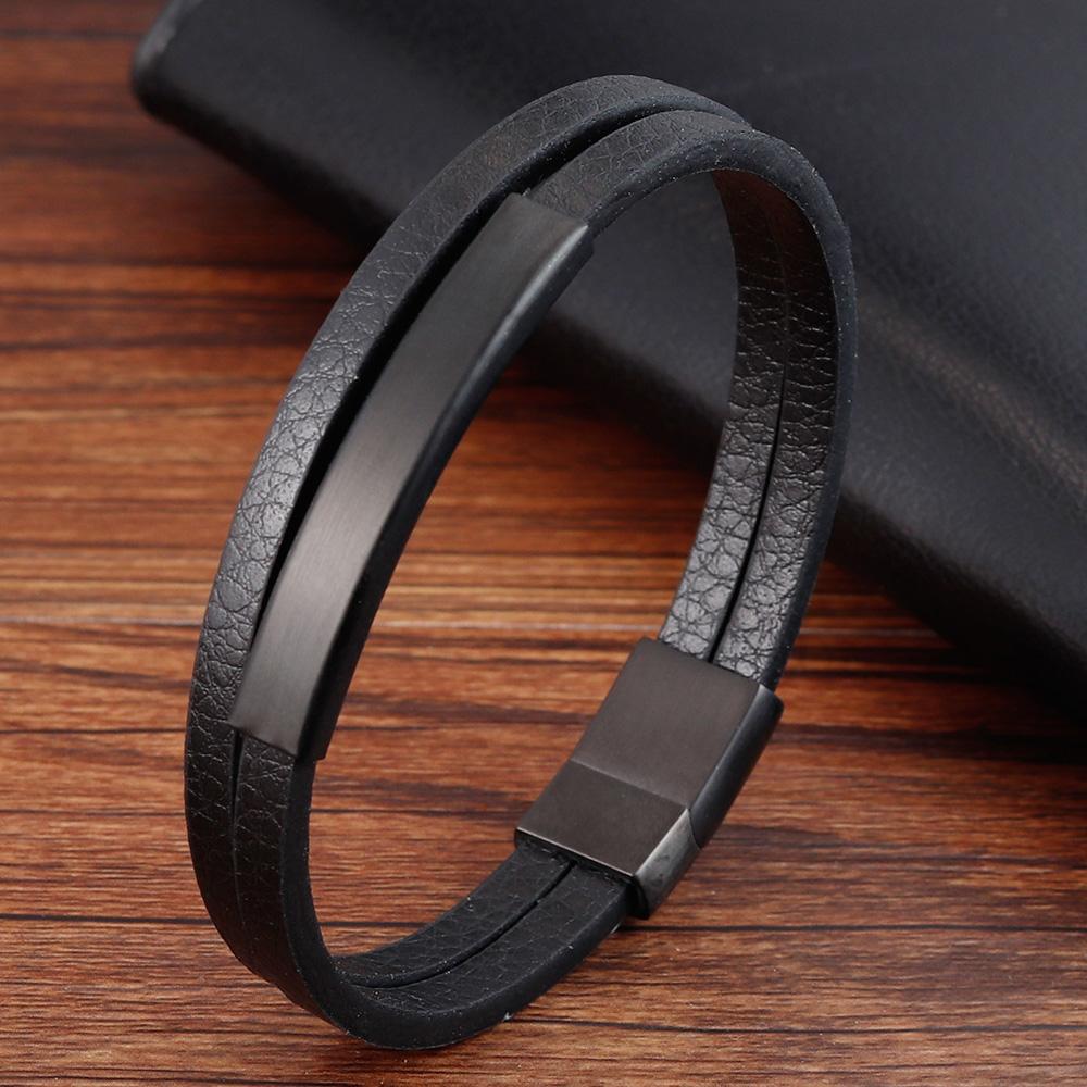 

Classic Simple Style Leather Texture Stainless Steel Push Button Men s Leather Bracelet Handsome Boy Special Gift Discount 19cm чёрный
