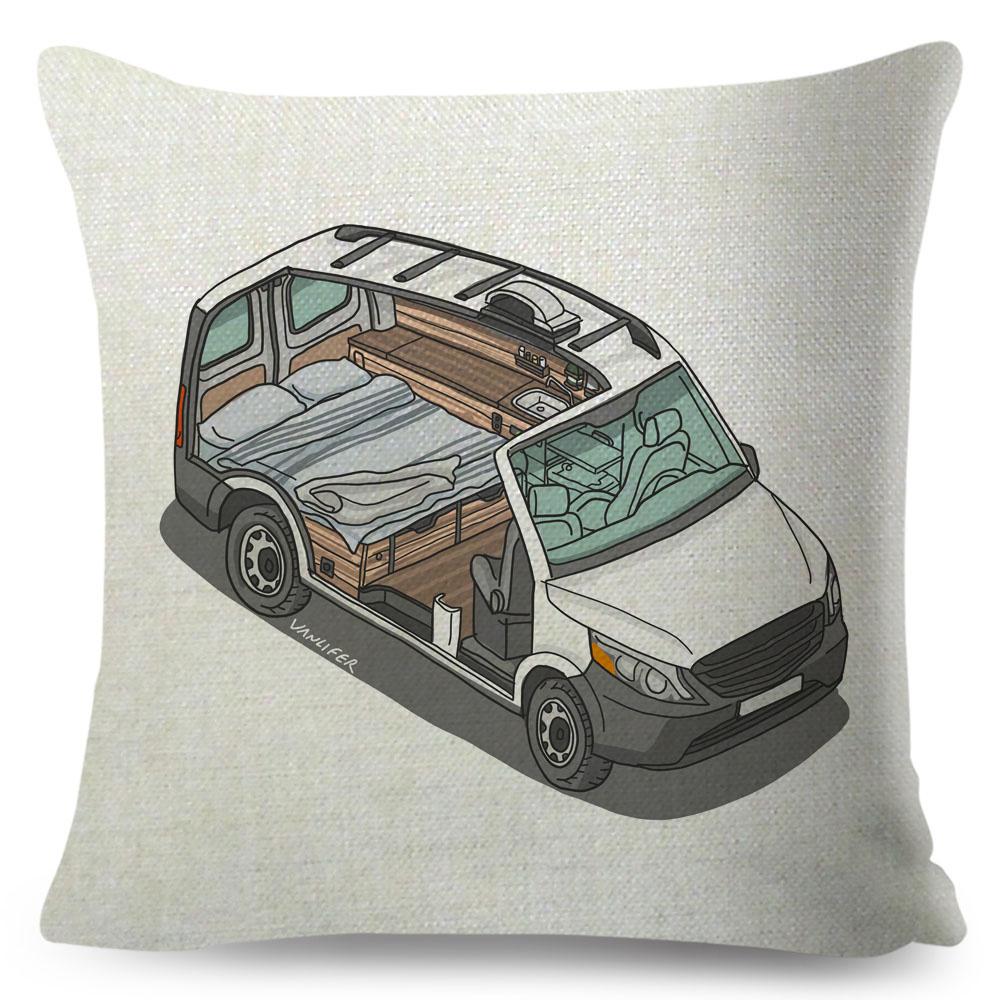 Van Life Pillow Case Decor Cartoon Camper House Travel Car Cushion Cover for Sofa Home Children Room Vanlife Pillowcase 45x45cm