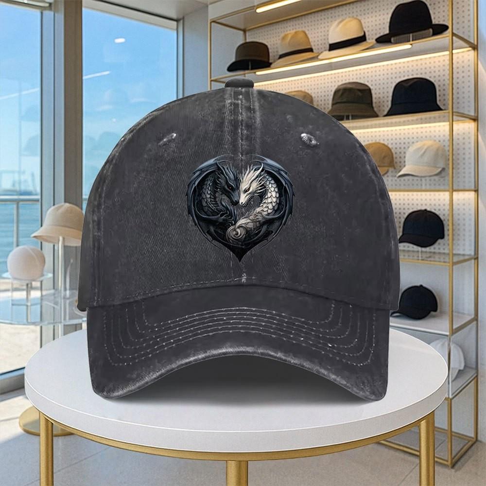 Dragon Heart Print Baseball Cap Washed Denim Retro Adjustable Buckle Loose, Comfortable And Adjustable