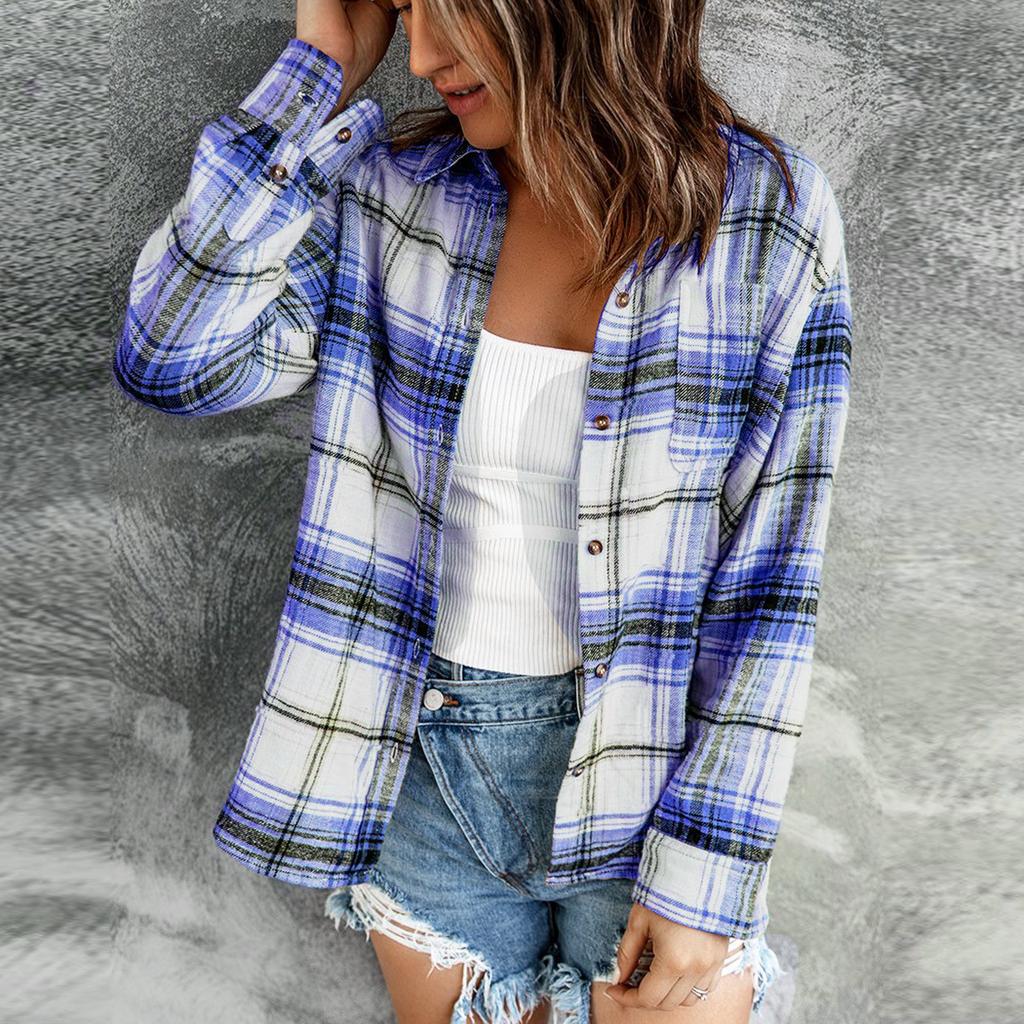 Women Loose Top Plaid Color Block Long Sleeve Casual Ladies  Blouse Coat Shirt Jacket