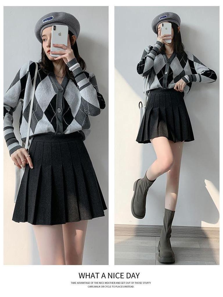 Damen Wollrock mit hohem Bund, Faltenrock in A-Linie - College-Stil, schlankmachender Rock für Herbst/Winter