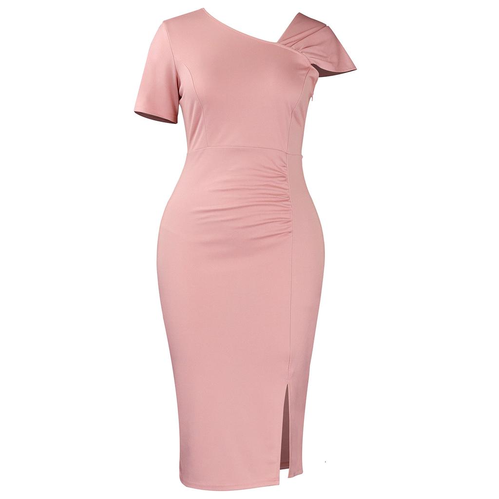 Women Fashion Elegant Solid High Waist Hip Wrap Short Sleeve Midi Dress