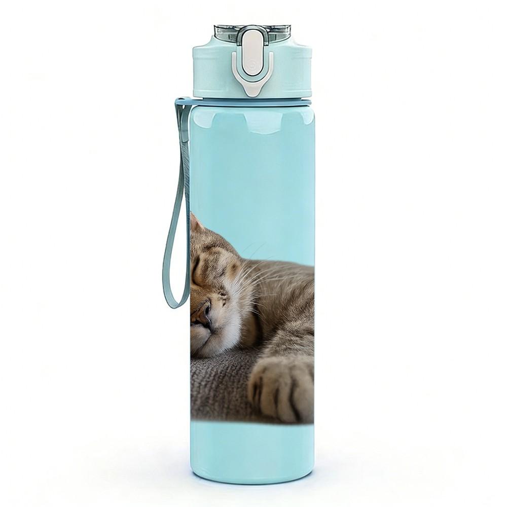 1PC Lazy Tabby Cat Sleep Pose 750ml Color Plastic Sports Water Bottle Leakproof Flip Straw Lid Suitable for Sports Office Home Use