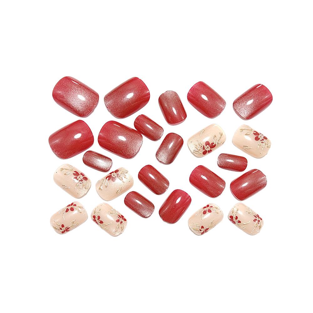 Chinese Red Floral Cat Eye Press-On Nails - Elegant Wine Red & Nude Manicure
