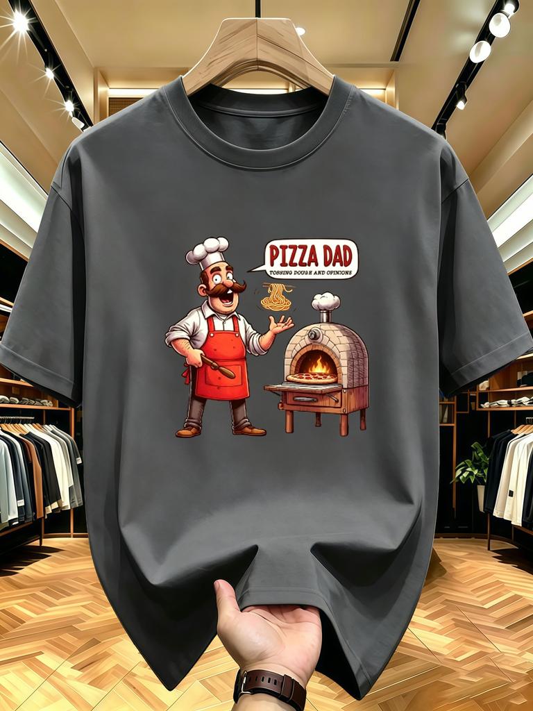 Unisex O Neck Tee Funny Pizza Dad Chef Cartoon Print Cotton Short Sleeve Loose Summer Street Breathable Daily Casual Basic Wear Top