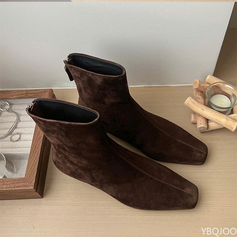 Fashion New autumn winter retro brown suede ankle boots with zipper square toe thick heel simple comfortable short boots