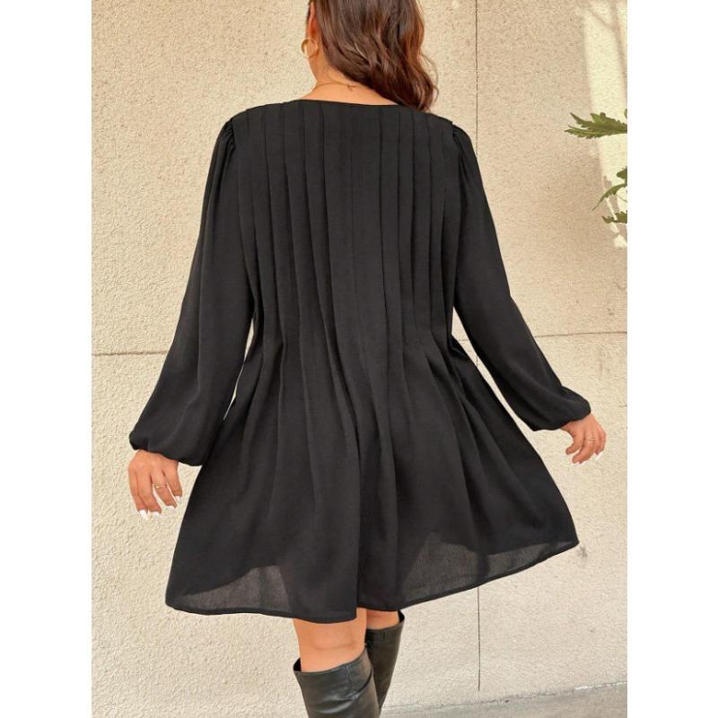 Loose Plus Size Solid V Neck Long Sleeve Casual Dress