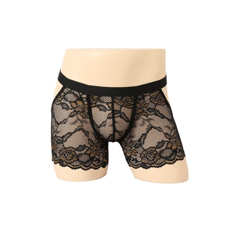Lencería Sissy para Hombres Gays Sexy Calado Espalda Descubierta Pantalones Cortos de Boxeador Encaje Bordado Transparente Ropa Interior para Crossdresser Braguita Hueca en el Trasero
