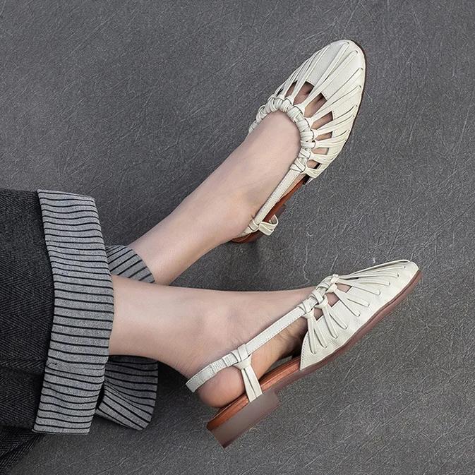 Johnature Gewebte, ausgehöhlte römische Sandalen mit niedrigem Absatz, echtes Leder, weiche Sohle, lässige, vielseitige Damenschuhe