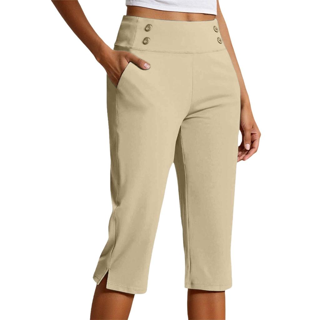 Women High Waist Capri Pants with Pockets Split Hem Casual Sport Fitness Yoga Cropped Pants for Activewear