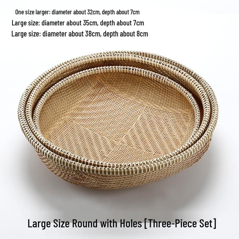 Handmade Bamboo Woven Basket for Fruits and Snacks - Round Living Room Storage Tray