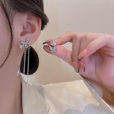Flash Diamond Butterfly Tassel Earrings Femininity Long Earrings Silver Needle Ears