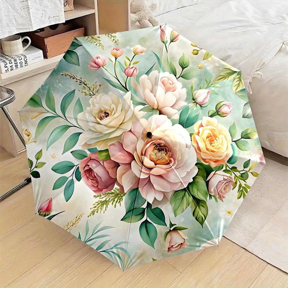 

Open/Close Portable Folding Umbrella with Pink Peonies, White Roses & Orange-Yellow Roses - Compact Travel Umbrella, 2-Rib Can (as the picture,Iron&8K)