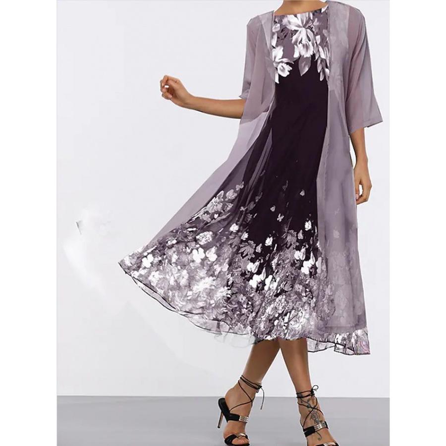 Two Piece Chiffon Printed Slim Fit Long Dress for Women, Fashion and Elegant