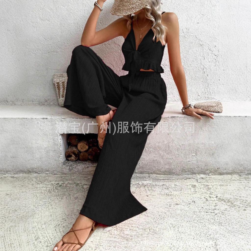 1116 new spot European and American women's two-piece set, suspender, chest wrap, strap top, extended pants set