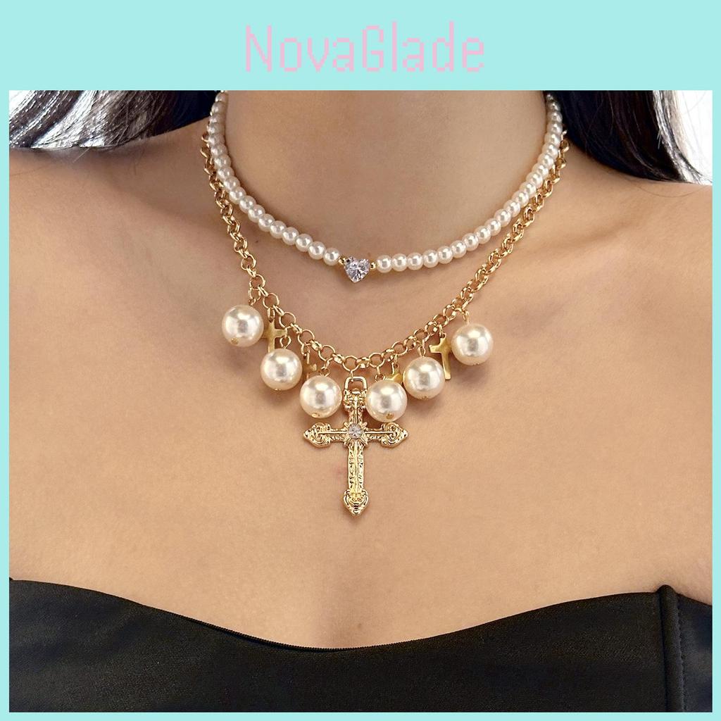 Cross Pendant Necklace Set With Faux Pearl Geometric Design For Women Winter 2025