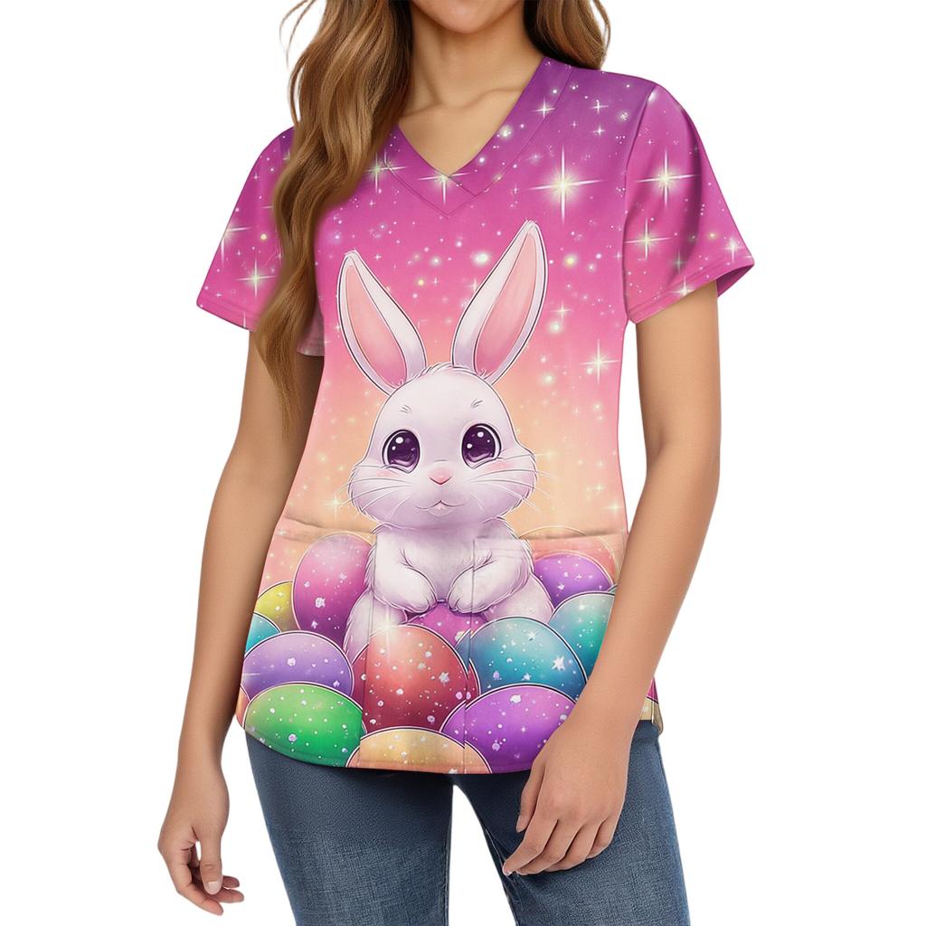 Women's Fashionable V-neck Short-sleeved Work Uniform with Pockets, Easter Print Top, Caregiver Uniform.