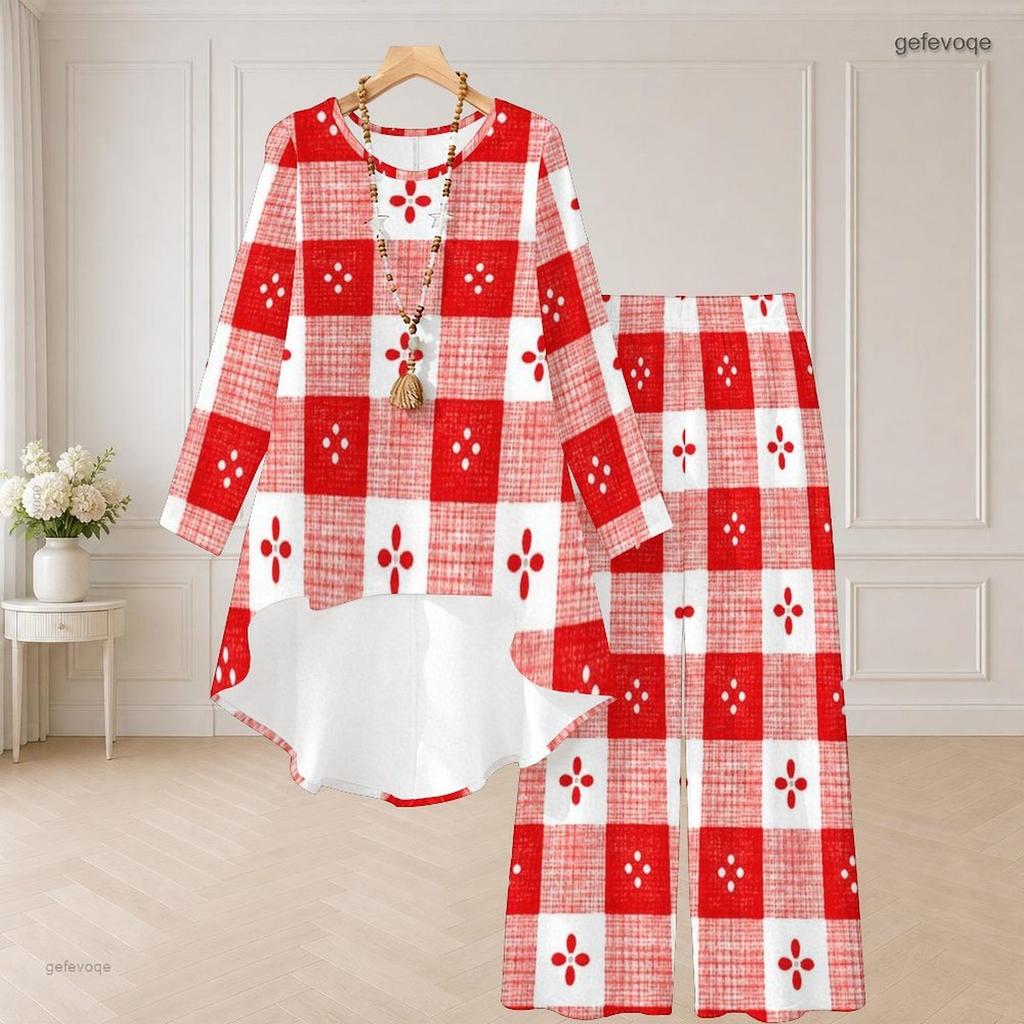 Women Plus Size Beige Brown Printed Round Neck Long Sleeve High Low Top Wide Leg Pants Two Piece Set