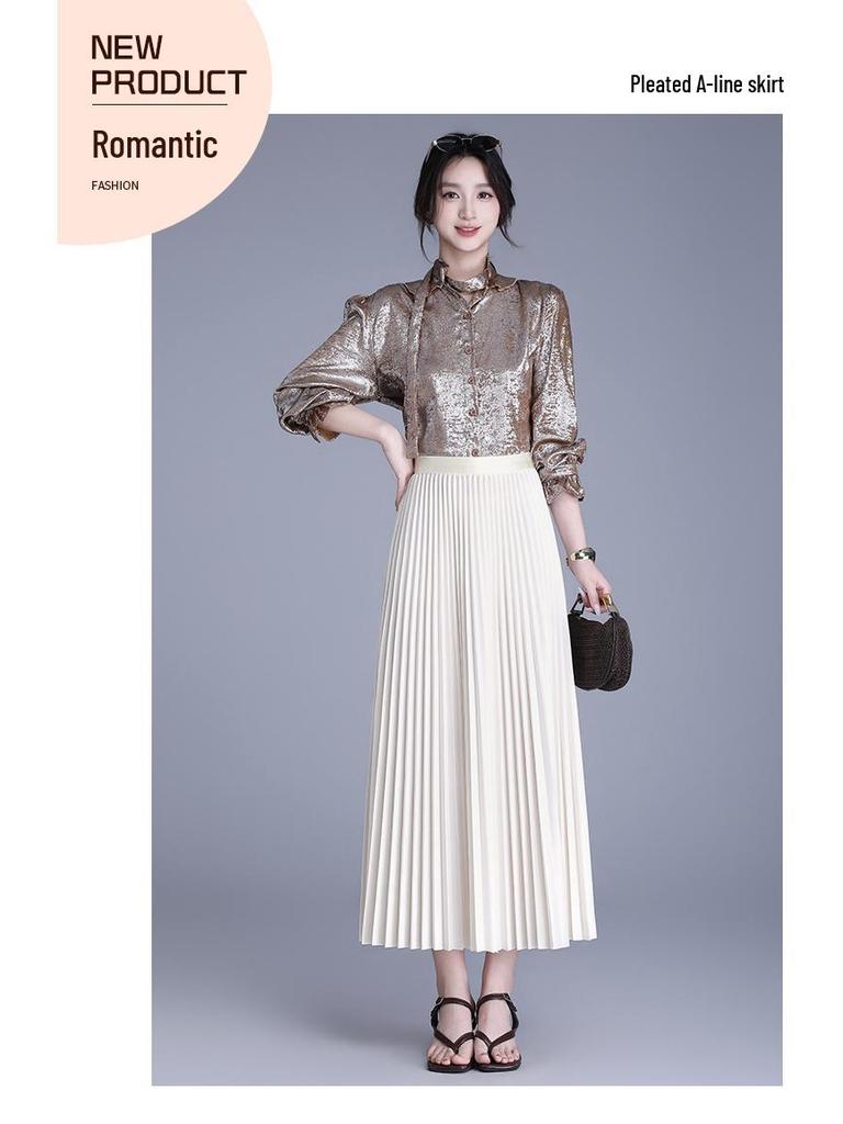 Plisowana spódnica A-line długa z gumką w pasie - Wszechstronny koreański styl - Wiosna-Lato 2026