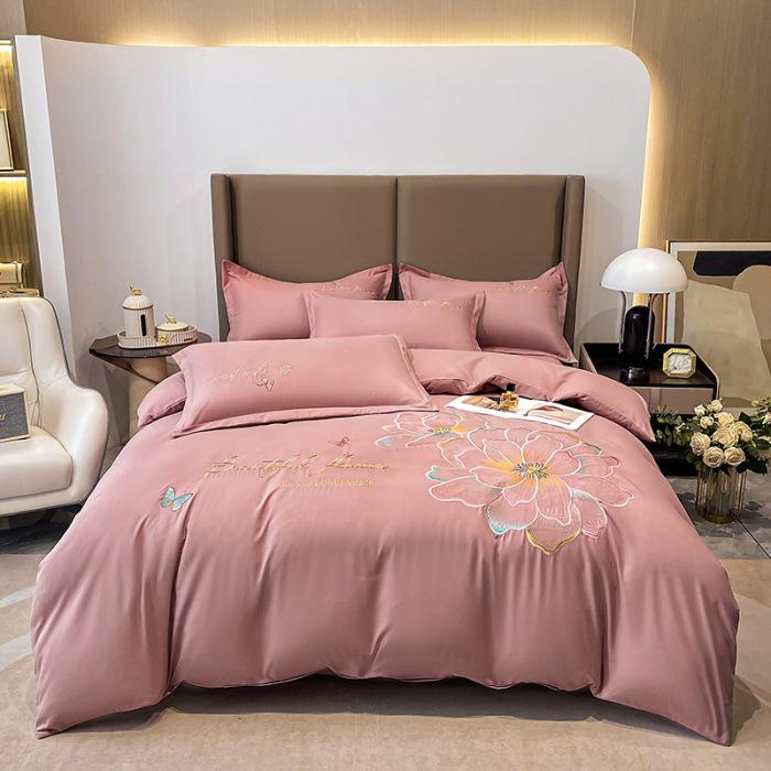 Embroidered Cotton Flannel 4-Piece Bedding Set - Solid Color, Warm Bed Sheets & Duvet Cover