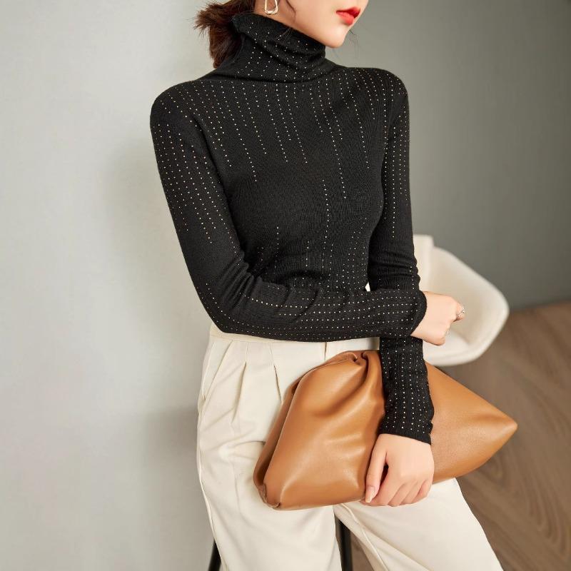 

Heavy industry striped drill mulberry silk wool bottoming shirt autumn turtleneck elastic thin knitted sweater women s sweater 115 чорний