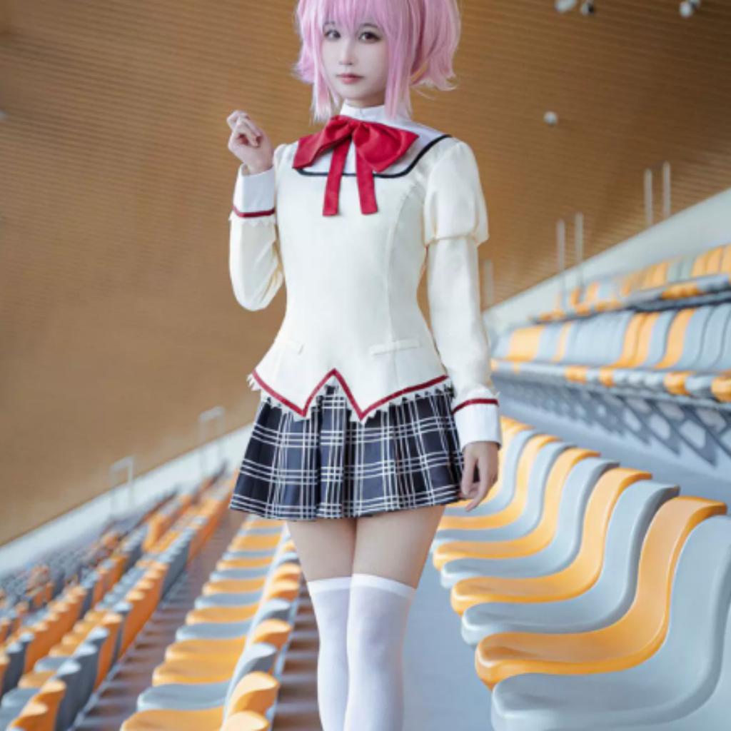 Puella Magi Madoka Magica School Uniform Cosplay Costume Full Set with Wig for Halloween Party