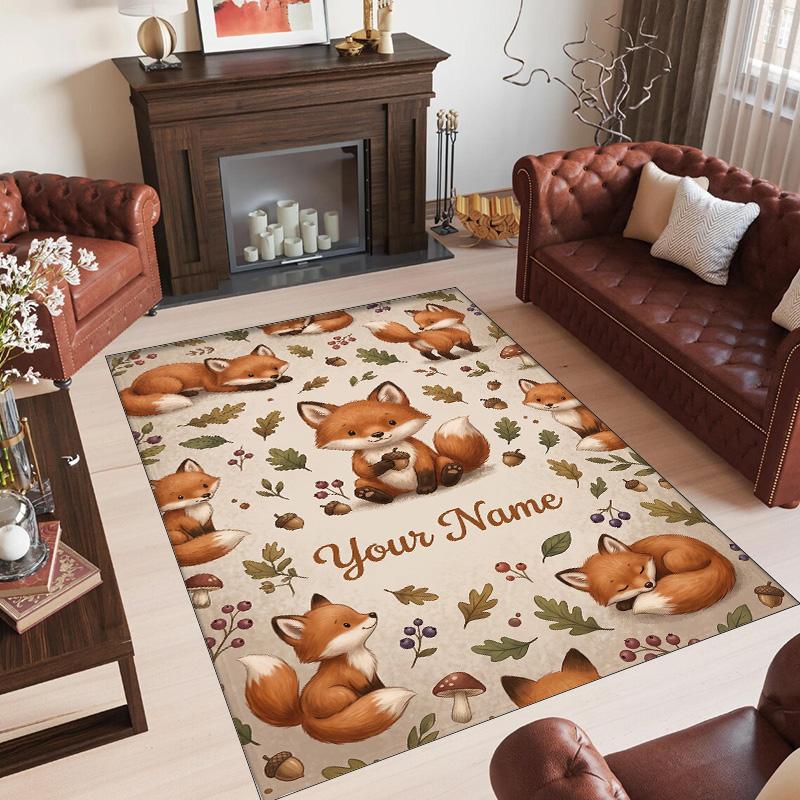 Fox Theme Crystal Velvet Floor Rug Personalized Custom Name Text Warm Carpet Home Decoration