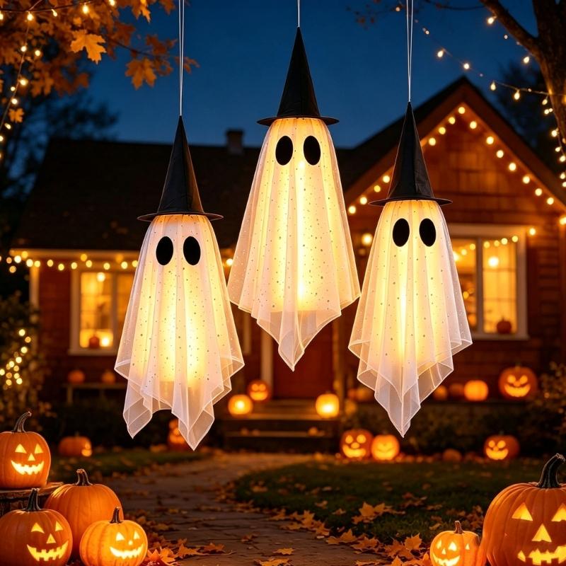 Hanging Spirit Figure Set for Halloween, 3 Fabric Draped Seasonal Accents for Living Room Porch Doorway and Themed Party Display Use