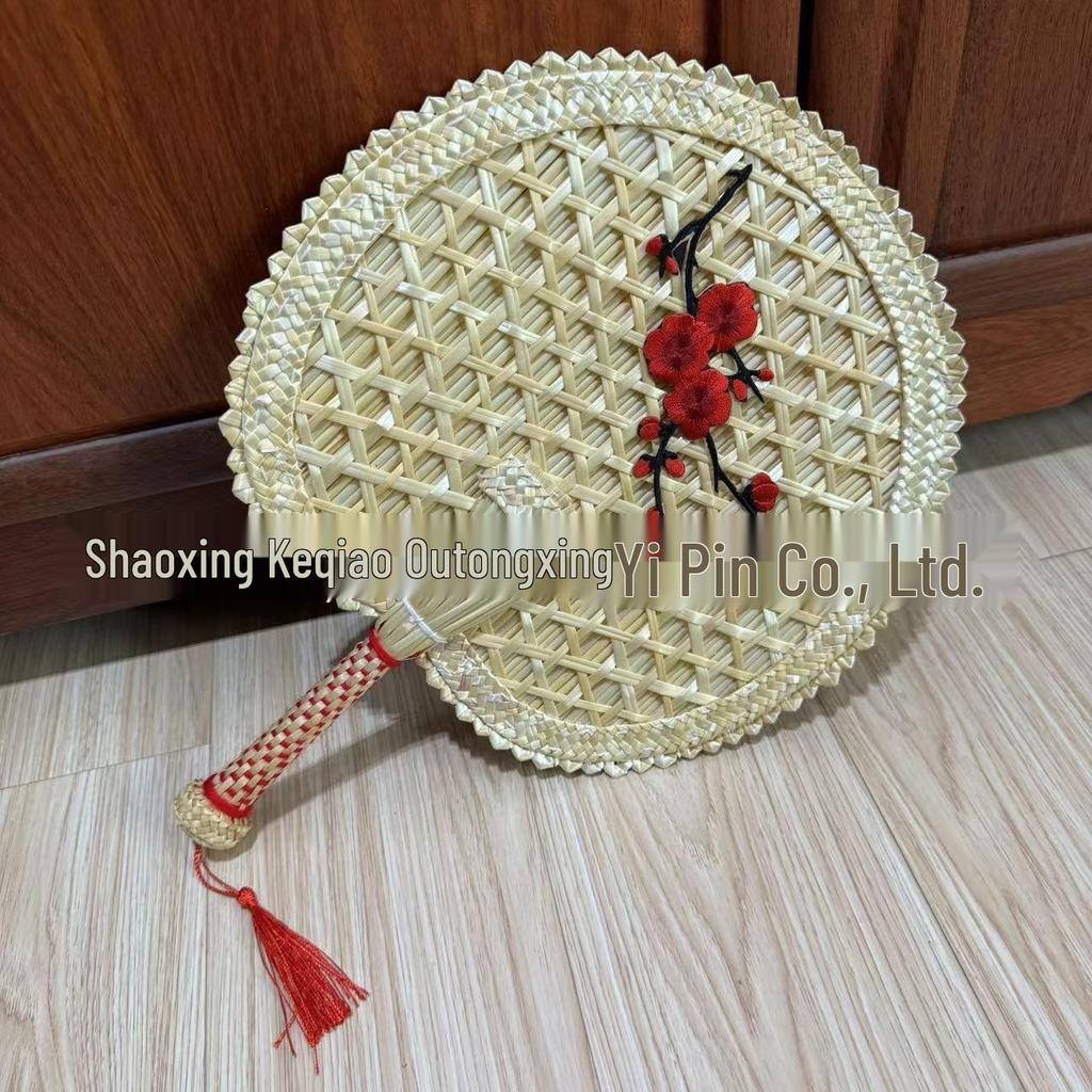 Handmade Chinese Wheat Straw Fan - Heart-Shaped, Plum Blossom Design, Traditional Art, Ideal for Dance