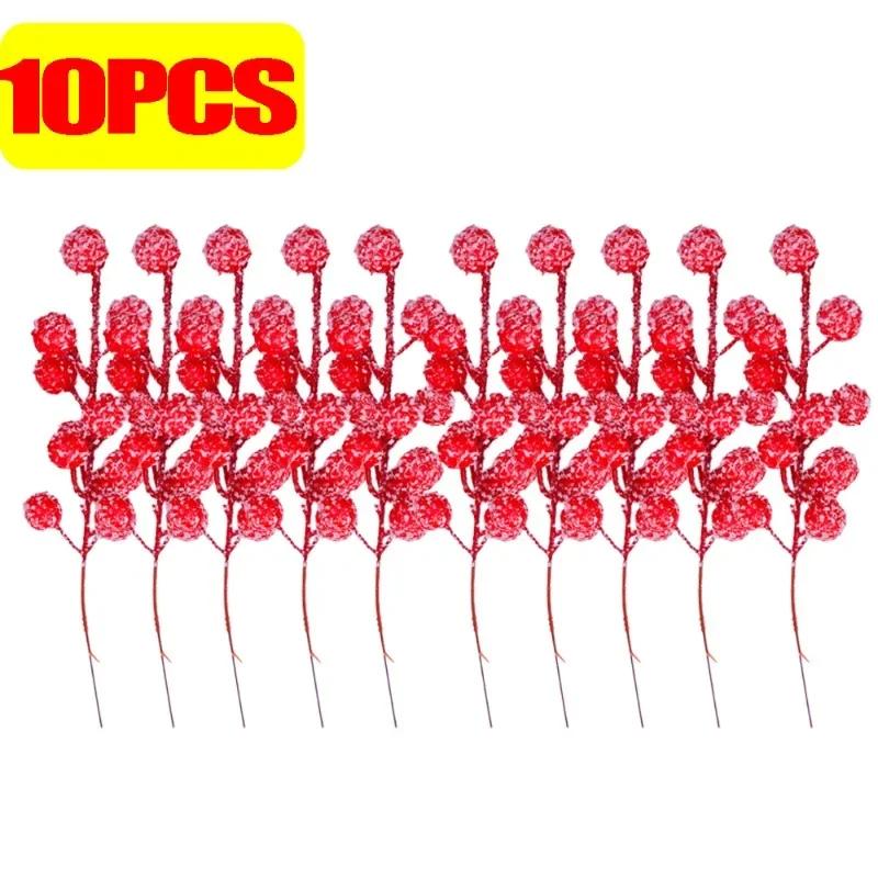 Artificial Holly Berry with Snowflake Glitter Stem Picks Christmas Tree Red Berries Picks Xmas Tree Ornament Wedding Party Decor