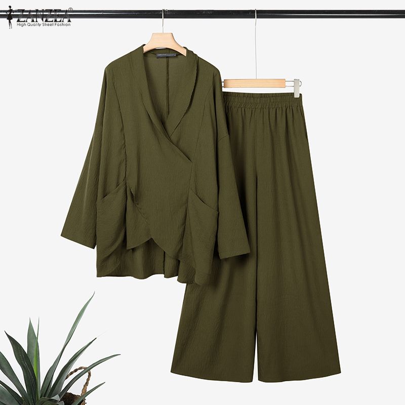 ZANZEA Dámská halenka s dlouhým rukávem a kalhoty se širokými nohavicemi, ležérní dvoudílné soupravy