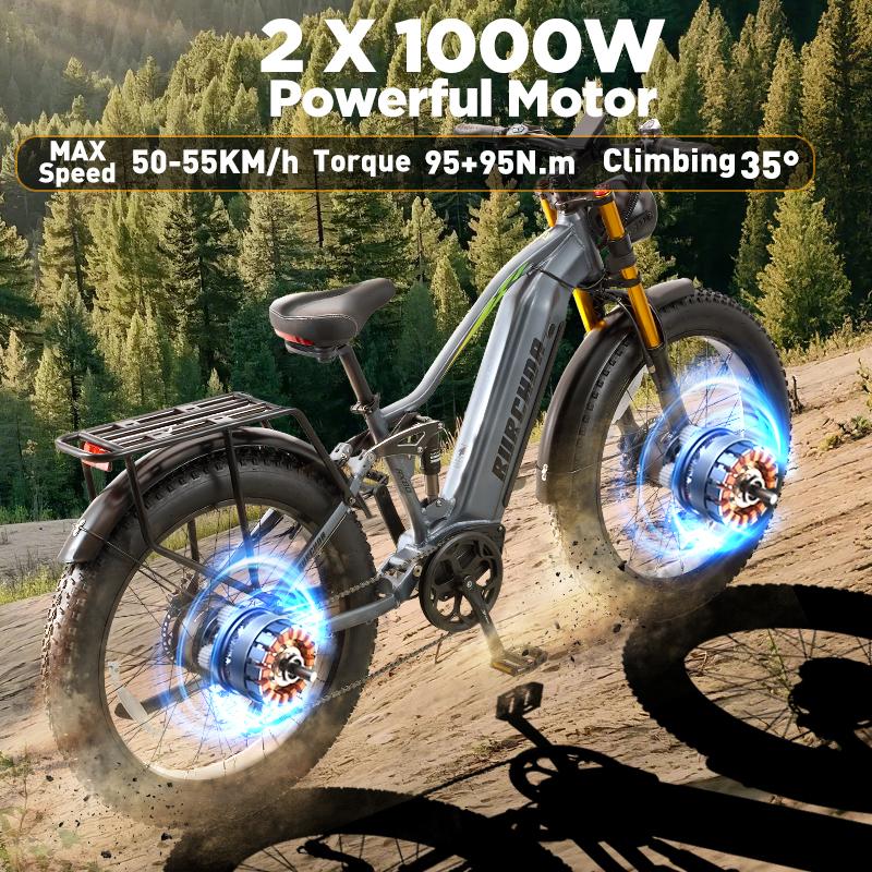 BURCHDA Elektrické kolo RX80 pro dospělé, motor 2500W, baterie 48V 20AH, 26' široké terénní pneumatiky, horské a sněhové elektrické kolo, terénní kolo