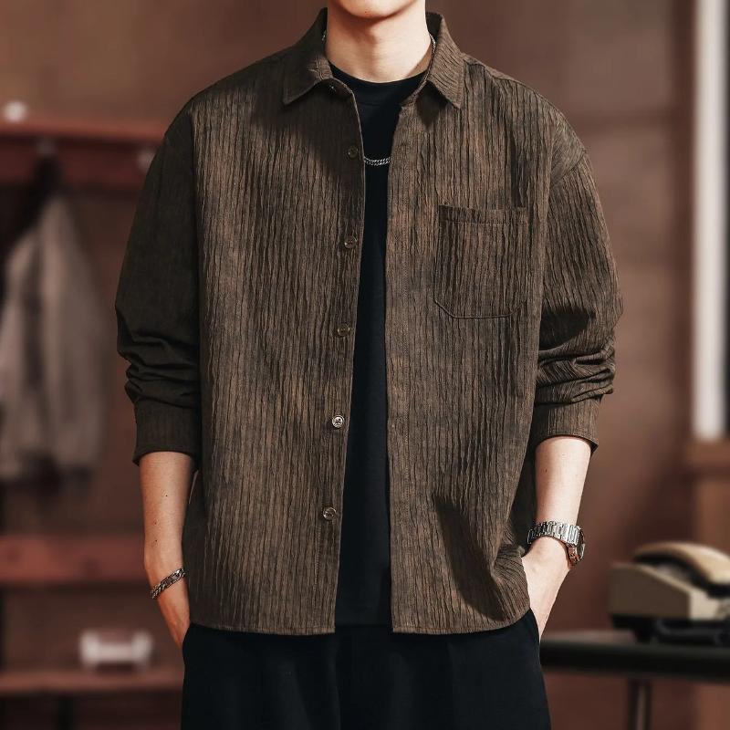 Retro Męska Jesienno-Zimowa Koszula z Długim Rękawem Nowa Luźna Koszula Robocza z Kołnierzykiem Kurtka Odzież Codzienna