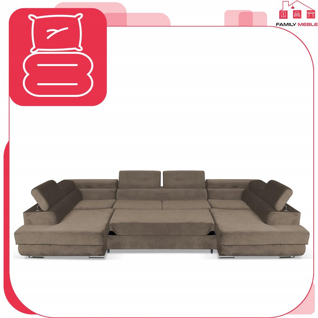 Narożnik kształt U rozkładany f. spania Bosso Family meble brązowy welur