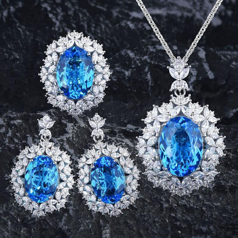 Collar Colgante de Gema Huevo de Paloma Aguamarina de Industria Pesada de Lujo Juego de Pendientes Tesoro de Color Zircón Azul Topacio Anillo de Temperamento