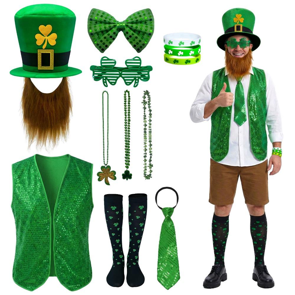 10pcs St. Patrick's Day Green Hat Beard Costume Sock Necklace Glasses Bracelet Vest Tie Festival Birthday Party Decor Supplies