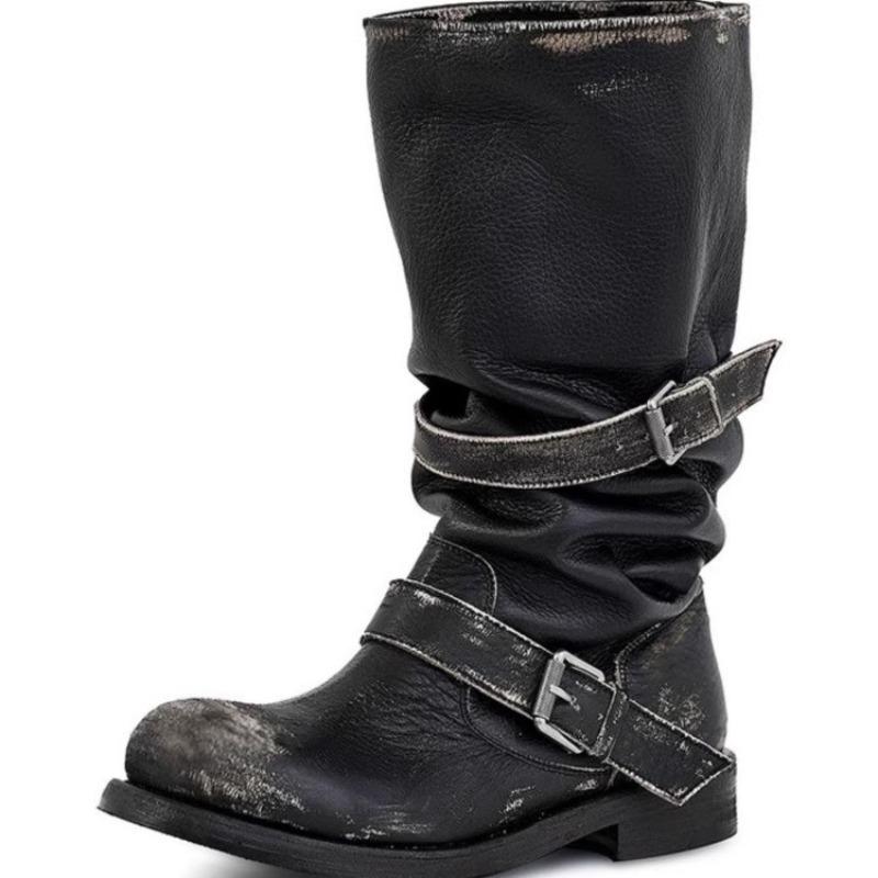 Chaussures à boucle de ceinture, Bottes rétro mi-mollet à talons épais, Bottes de niche pour filles