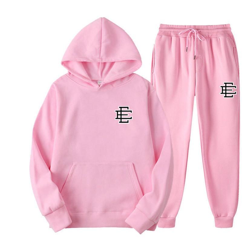 Unisex Casual Hooded Fleece-Lined Sweatshirt Pants Set Sporty Solid Color Outfit Fall