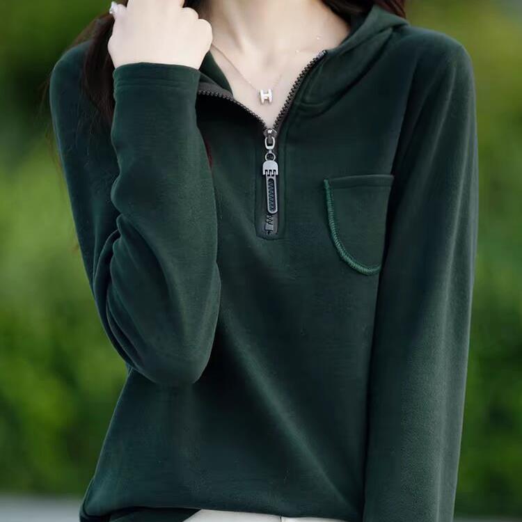 Hooded Base Blouse for Women Long-sleeved Sweater Comfortable Fit and Slim Half Zipper Leisure Sweater Jacket Hoodie
