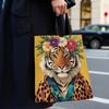 1pc Stylish Tiger & Leopard Print Tote Bag with Vibrant Floral Wreath Design Perfect for Shopping Commuting Gifting on Holidays