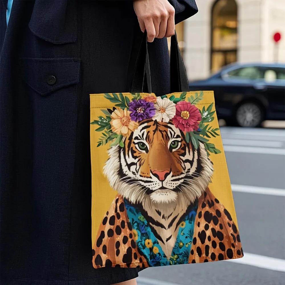 1pc Stylish Tiger & Leopard Print Tote Bag with Vibrant Floral Wreath Design Perfect for Shopping Commuting Gifting on Holidays