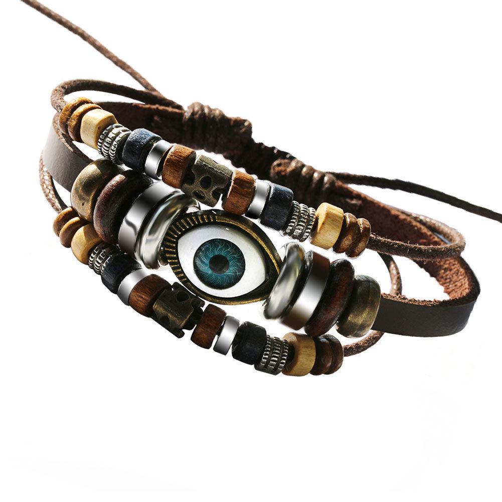 Retro Sunflower Evil Eye Beaded Multi-Layer Bracelet, Punk Ethnic Style with Turquoise Leather